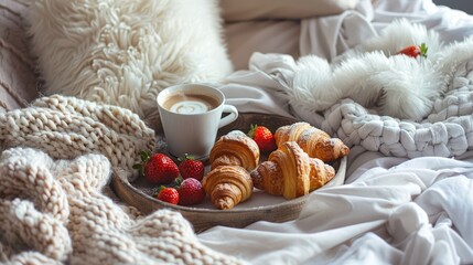 Breakfast tray with croissants and strawberries, ideal for lifestyle and food blogs.