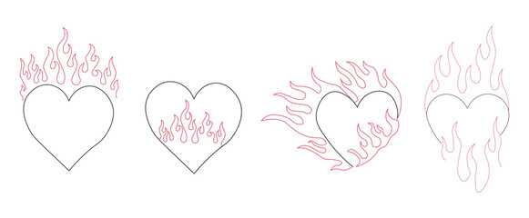 Outline burning heart icon set. Heart silhouette with fire, blazing love pictogram
