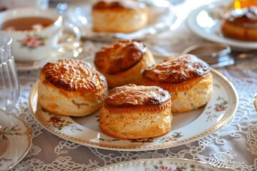 Up close encounter with freshly baked scones on a lace tablecloth traditional tea setting