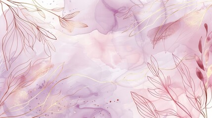 Elegant pink and purple leaves with gold accents on a soft pastel background.