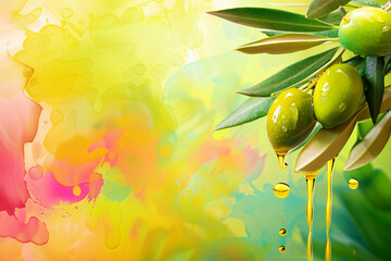 Olive with Leaves on Colorful Background with Dripping Oil