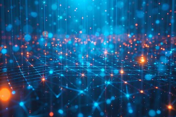 Obraz premium Visualization of high speed data transfer through a stylized cityscape under a network of blue connectivity