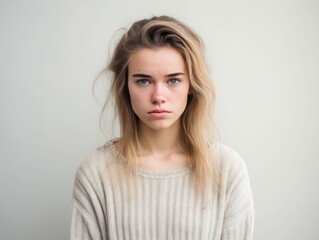 Cream background sad european white Woman realistic person portrait of young beautiful bad mood expression Woman Isolated on Background depression anxiety fear burn out health issue problem mental