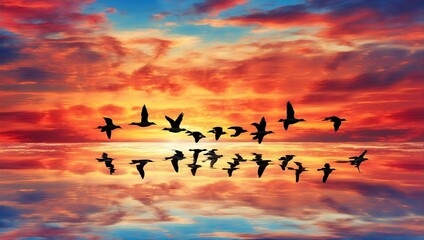 A large flock of birds is flying towards the setting sun.

