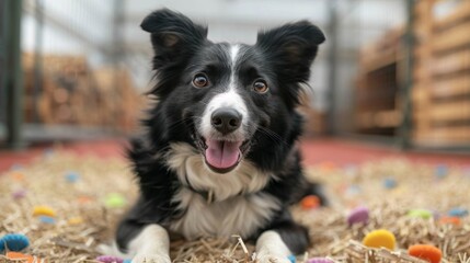 dog training techniques, an asian dog trainer instructing a border collie in a vibrant training center amid chew toys, displaying positive body language to motivate the dog