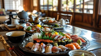 Fototapeta premium a tray of sushi with sushi on it and a cup of tea on the table
