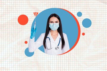 Composite photo collage of serious doctor girl hold syringe vaccine wear protection mask covid...