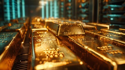 Gold bars stacked in a vault with gold futures trading overlays