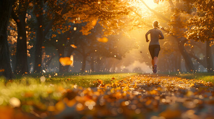 Photo realistic concept: A woman running in the park, highlighting physical fitness and enjoyment...