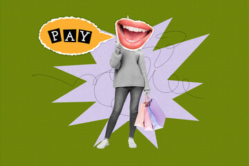 Fototapeta premium Creative picture collage standing woman headless mouth caricature concept drawing doodles phrase cite pay bargain shopaholic