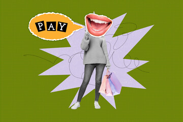 Creative picture collage standing woman headless mouth caricature concept drawing doodles phrase...