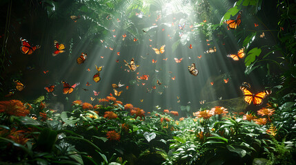 A powerful image highlighting the importance of conserving butterfly habitats, featuring a lush, protected area teeming with butterflies thriving in their natural environment.