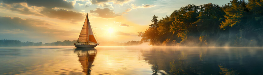 Serenity and Adventure: Photo Realistic Sailing on a Lake with a Man Embracing Tranquility and Adventure in this Water Based Hobby Concept
