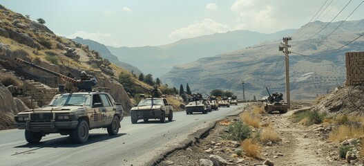 In the heart of conflict, a formidable convoy of tanks, fully armed and prepared, navigates the war-torn terrain.
