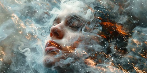 Surreal image of a face merging with elements of smoke and fire, creating a dreamy and ethereal atmosphere.