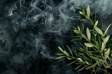 Olive with Leaves Surrounded by Smoke Against Black Background