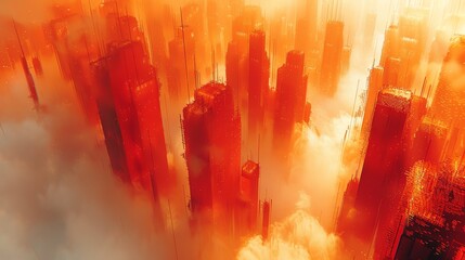 Fototapeta premium Aerial view of a futuristic city engulfed in dense orange fog, with skyscrapers rising dramatically through the mist.