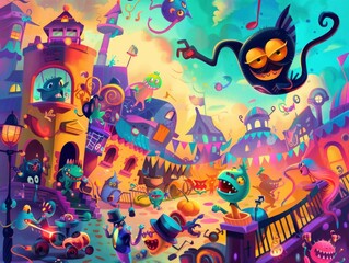 Fototapeta premium A colorful cartoon scene with a lot of monsters and people. Scene is playful and fun