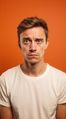 Coral background sad european white man realistic person portrait of young beautiful bad mood expression man Isolated on Background depression anxiety fear burn out health issue problem mental 