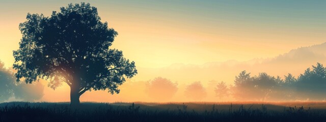 Naklejka premium A serene, sunrise landscape background with soft morning light and silhouettes.