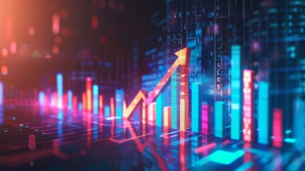 Vibrant financial bars and graphs showing an upward trend, depicting concepts of growth, success, and data analytics in the digital space