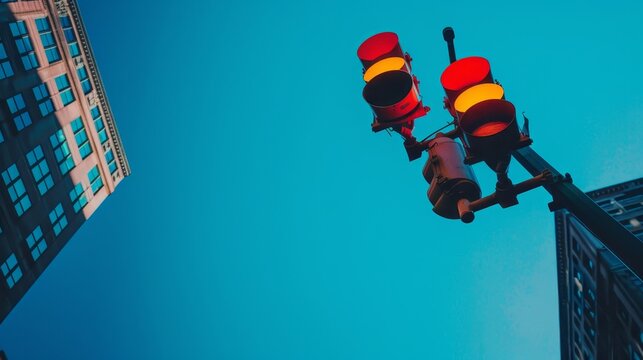 Red traffic light seen from below against a bright blue sky, close-up shot capturing the city street atmosphere on a clear day