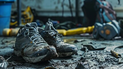 Post-exercise scene with dirty running shoes and gear on the floor, close-up view, highlighting the authentic aftermath of a workout session