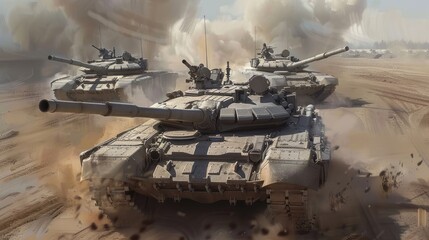 In the heart of conflict, a formidable convoy of tanks, fully armed and prepared, navigates the war-torn terrain.