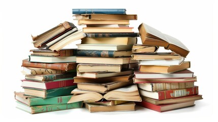 Pile of diverse books in different sizes, symbolizing extensive knowledge, close-up shot, isolated white background with studio lighting for educational promotion