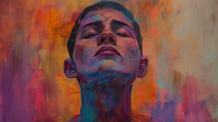 An abstract portrait depicting a person in serene expression, with vibrant painted effects in warm and cool hues blending on the skin.