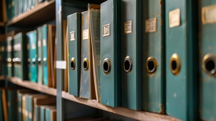 Organized archive folders within lockers, close-up shot for easy access, isolated background with studio lighting, highlighting the neat arrangement