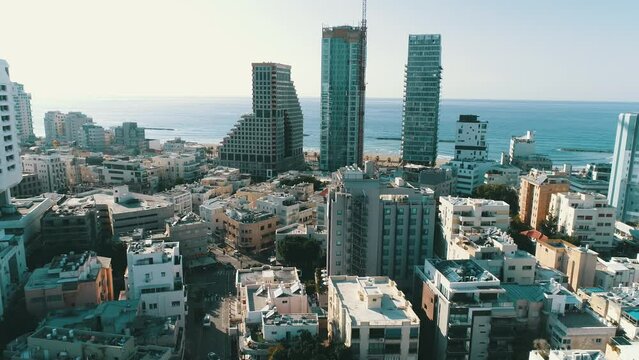 Aerial video of the Tel Aviv city skyline, Israel