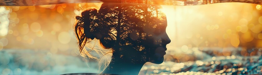 Calm breathing exercise, focus on face, upper copy space, colorful and eyecatching image, Double snapshot silhouette with flowing river