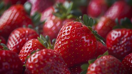 A close-up image showcasing the vibrant red color and texture of ripe strawberries with visible seeds and green leaves
