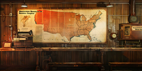 The Stagecoach Relay Station: A functional and efficient workspace designed for quick exchanges between stagecoach drivers. It features a large map of the American West, a telegraph machine, and a rep