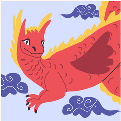  Chinese New Year, Dragon flying through the clouds. Chinese dragon zodiac in geometric flat modern style.