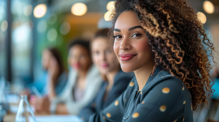 Fototapeta premium Smiling Businesswoman in Modern Office Meeting with Diverse Colleagues