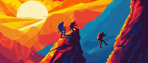 Fototapeta premium Graphic scenery of three men climbing a mountain rock at sunrise with a long rope