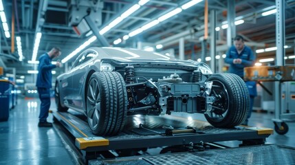 Fototapeta premium High-detail photo of an EV car on a lift, with technicians examining the suspension system