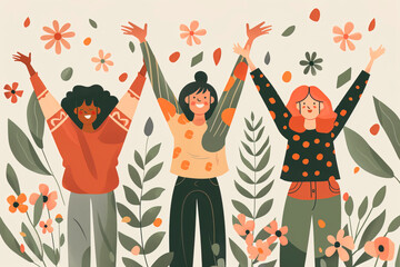 Flat design illustration of three female friends over floral background. Friends Day concept