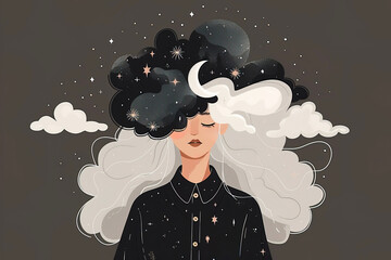 Black magic conceptual minimal illustration with girl over the cloud and moon