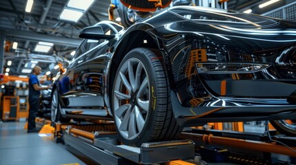 Fototapeta premium High-detail photo of an EV car on a lift, with technicians examining the suspension system