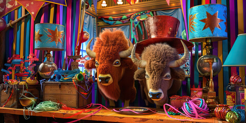 Obraz premium Wild West Show: A vibrant and dynamic desk with a circus-like atmosphere. It features a large top hat, a pair of stuffed bison, and a variety of colorful streamers