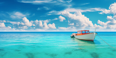 Anchored tourist boat in turquoise ocean water against blue sky with white clouds. Natural landscape for summer vacation.