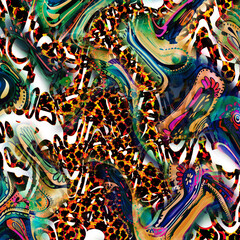 Combination textile collage pattern of wave and lines colored leopard snake tiger textures
