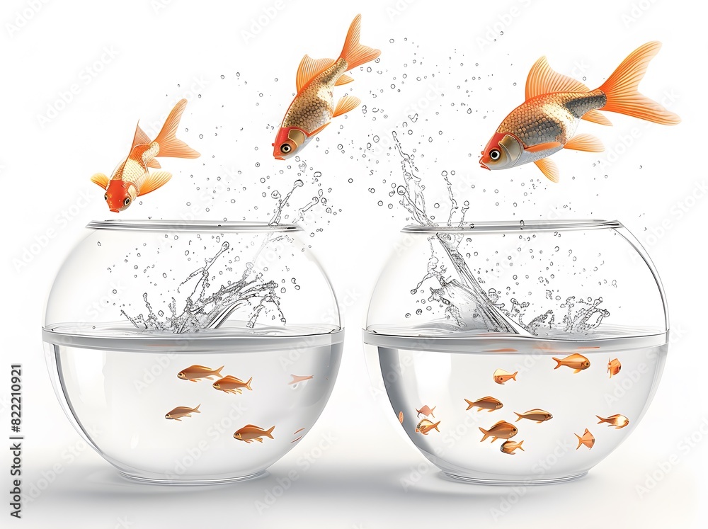 Wall mural Goldfish Jumping Between Bowls on White Background - Wall murals