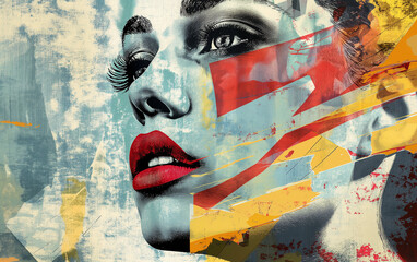 Abstract pop art portrait of young charming woman, Captivating vintage collage, Abstract pop art.
