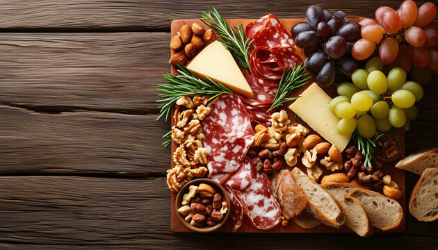 A table with a cold board with essential items, seen from above, with empty space for text on the left.
