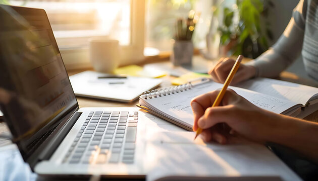 Well-lit desk with laptop and open planner, highlighting themes of planning, scheduling, and productivity