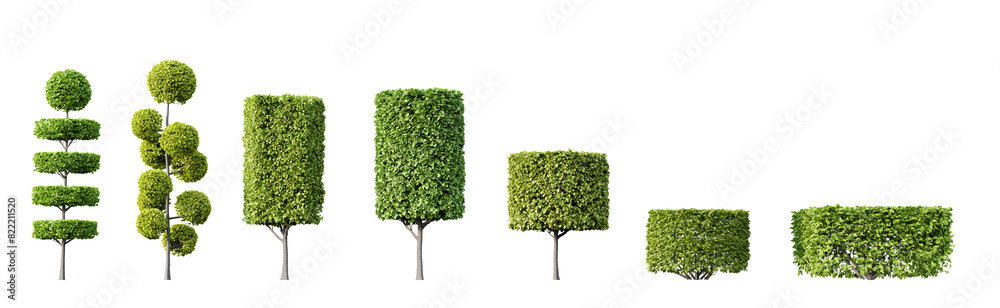 Sticker collection of beautiful trimmed trees isolated on transparent background. 3d render.